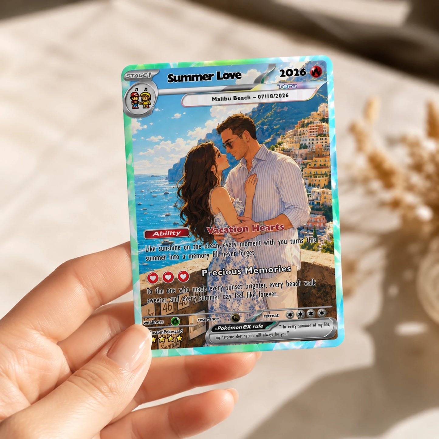 Custom Beach Couple Anime Card - Personalized Summer Vacation Gift, Custom Anime Photo Card, Valentine Gift, Gift for Him, Gift for Her, Custom Card for Couple - CPC 6.2