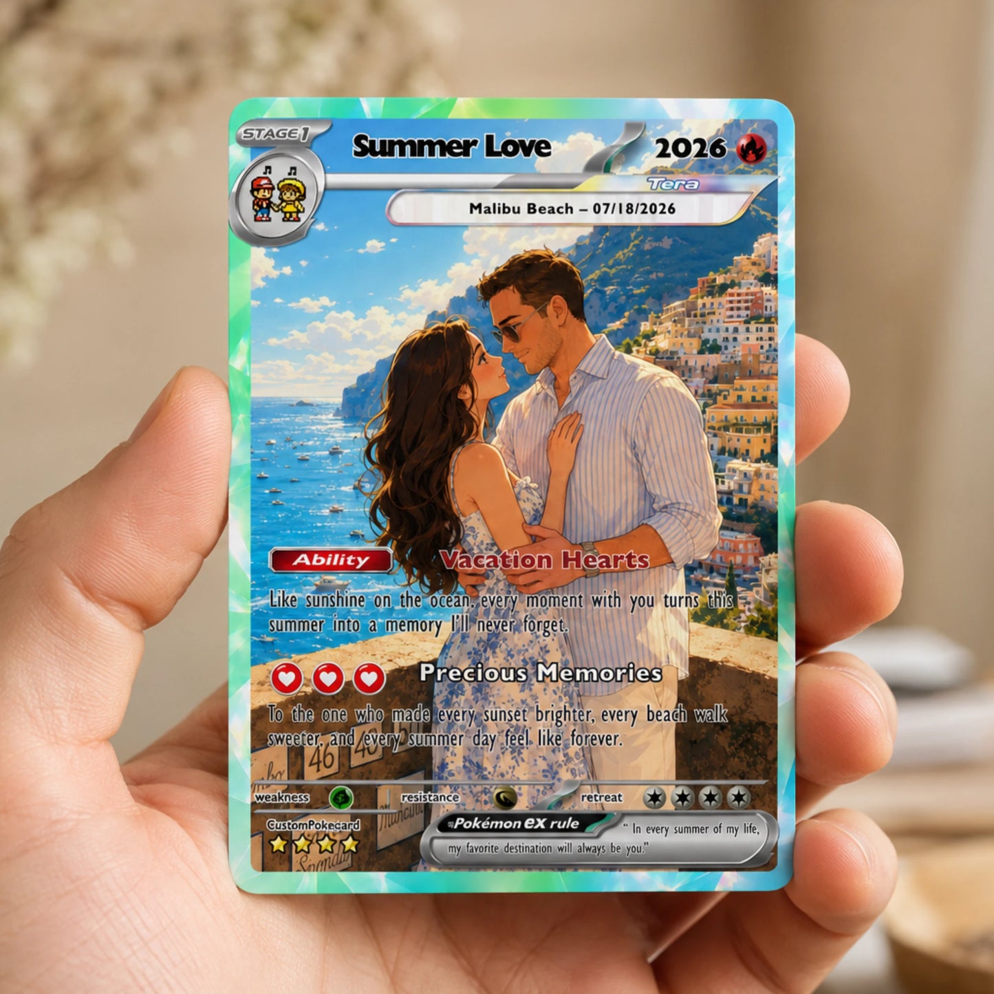 Custom Beach Couple Anime Card - Personalized Summer Vacation Gift, Custom Anime Photo Card, Valentine Gift, Gift for Him, Gift for Her, Custom Card for Couple - CPC 6.2