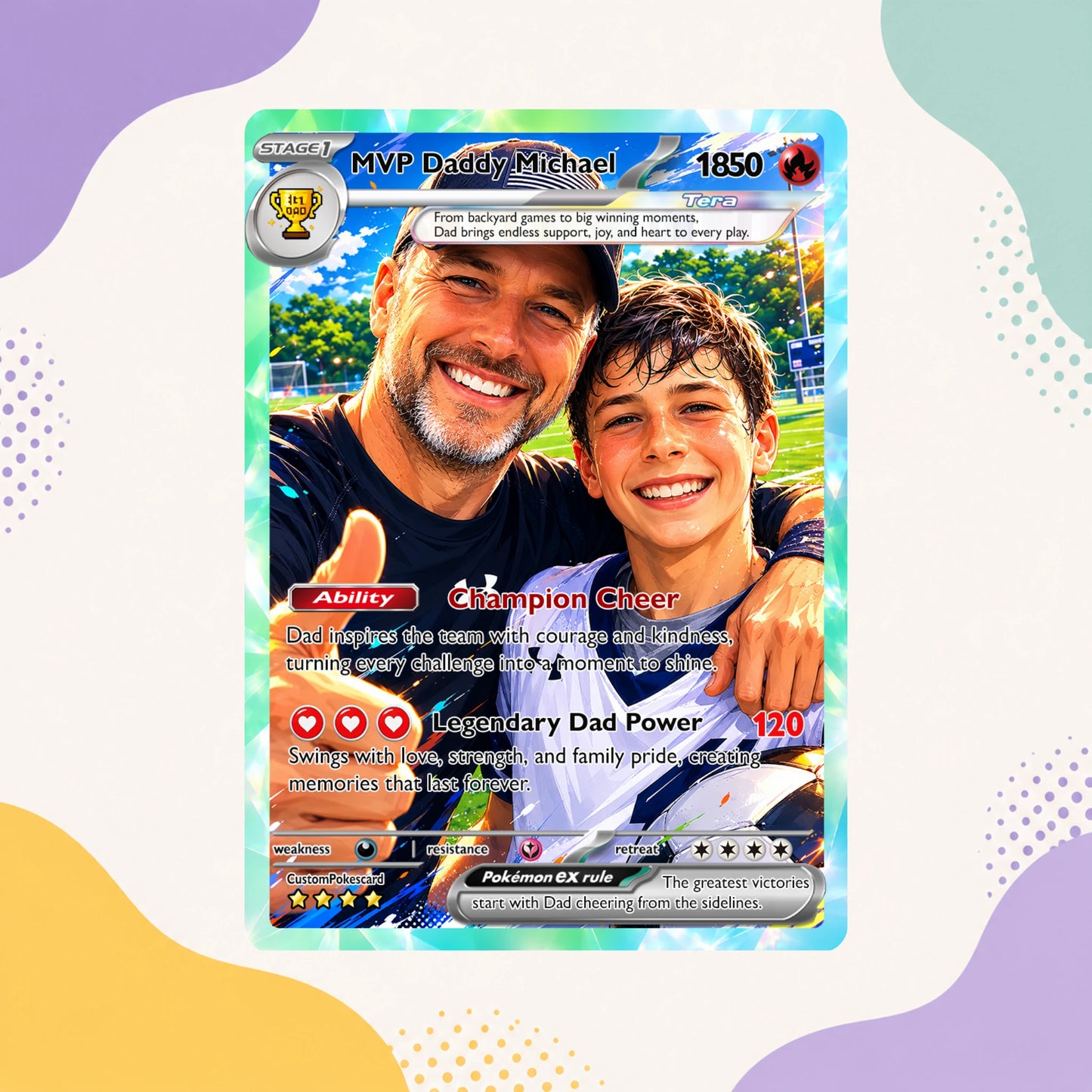 Dad Custom Pokémon Card for Father's Day - Father’s Day Personalized Pokémon Card for Sport Dad - Comic Anime Style Customizable Gift from Supporter, Wife, Son & Daughter, CPC 6