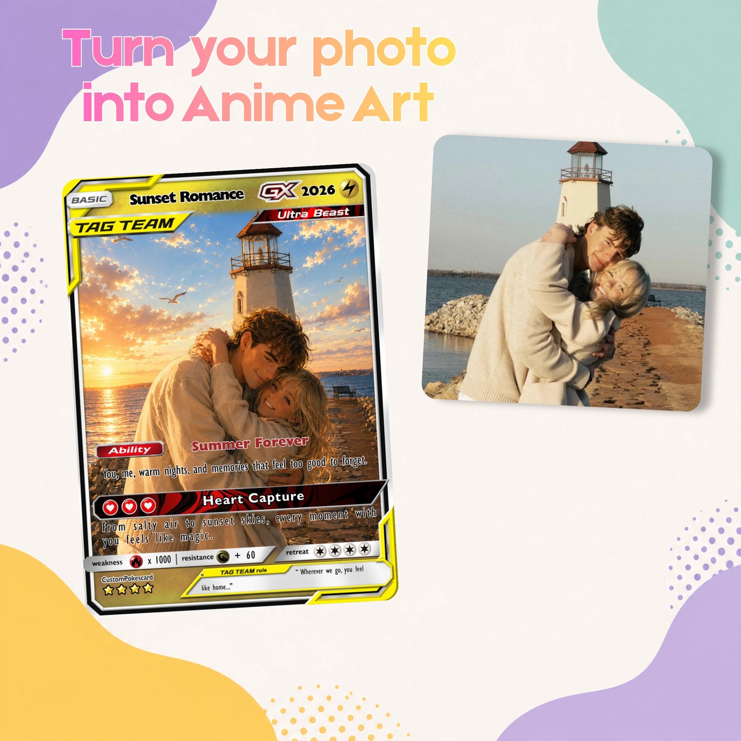 Custom Beach Couple Anime Card - Personalized Summer Vacation Gift, Custom Anime Photo Card, Valentine Gift, Gift for Him, Gift for Her, Custom Card for Couple - CPC 8.1