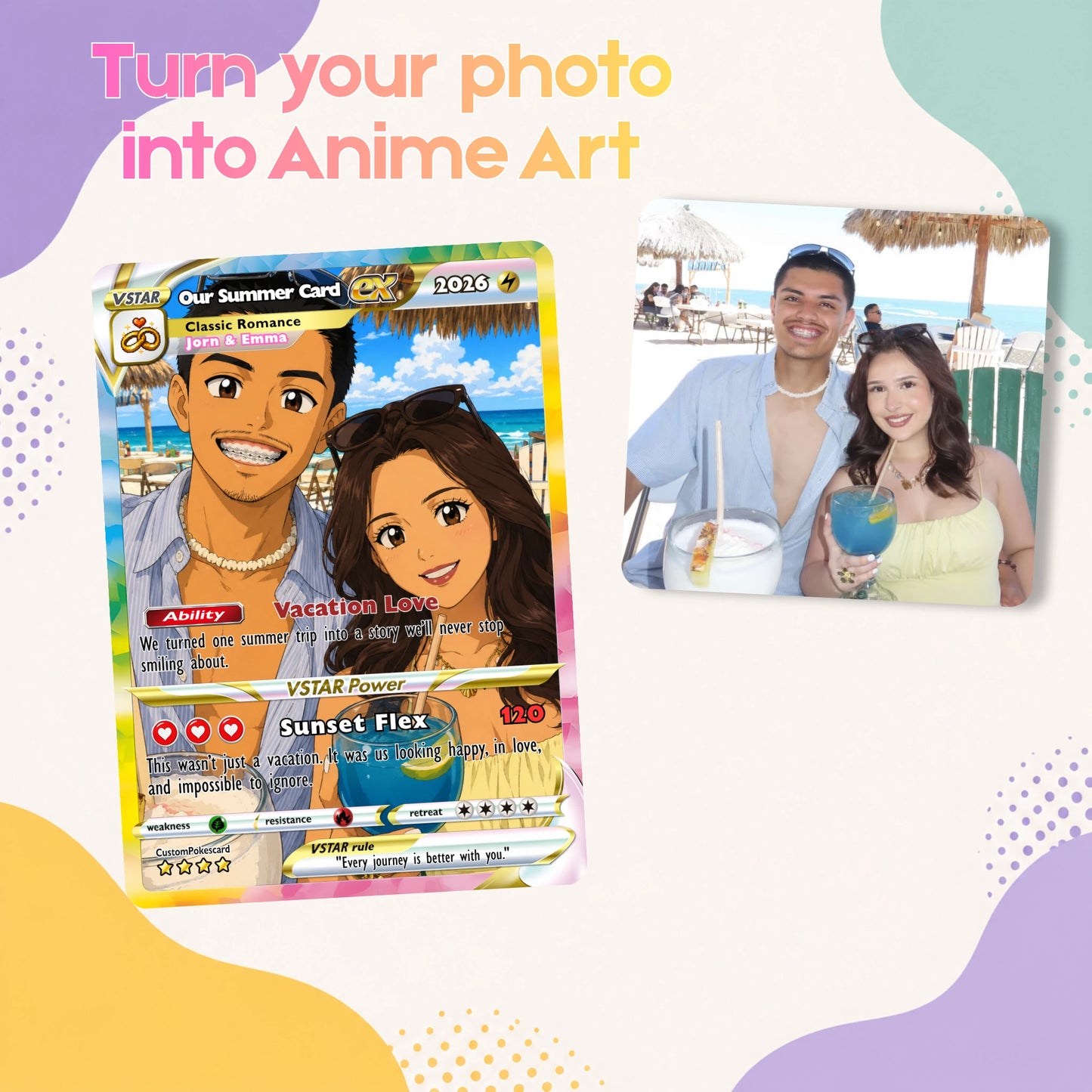 Custom Beach Couple Anime Card - Personalized Summer Vacation Gift, Custom Anime Photo Card, Valentine Gift, Gift for Him, Gift for Her, Custom Card for Couple - CPC 5.1