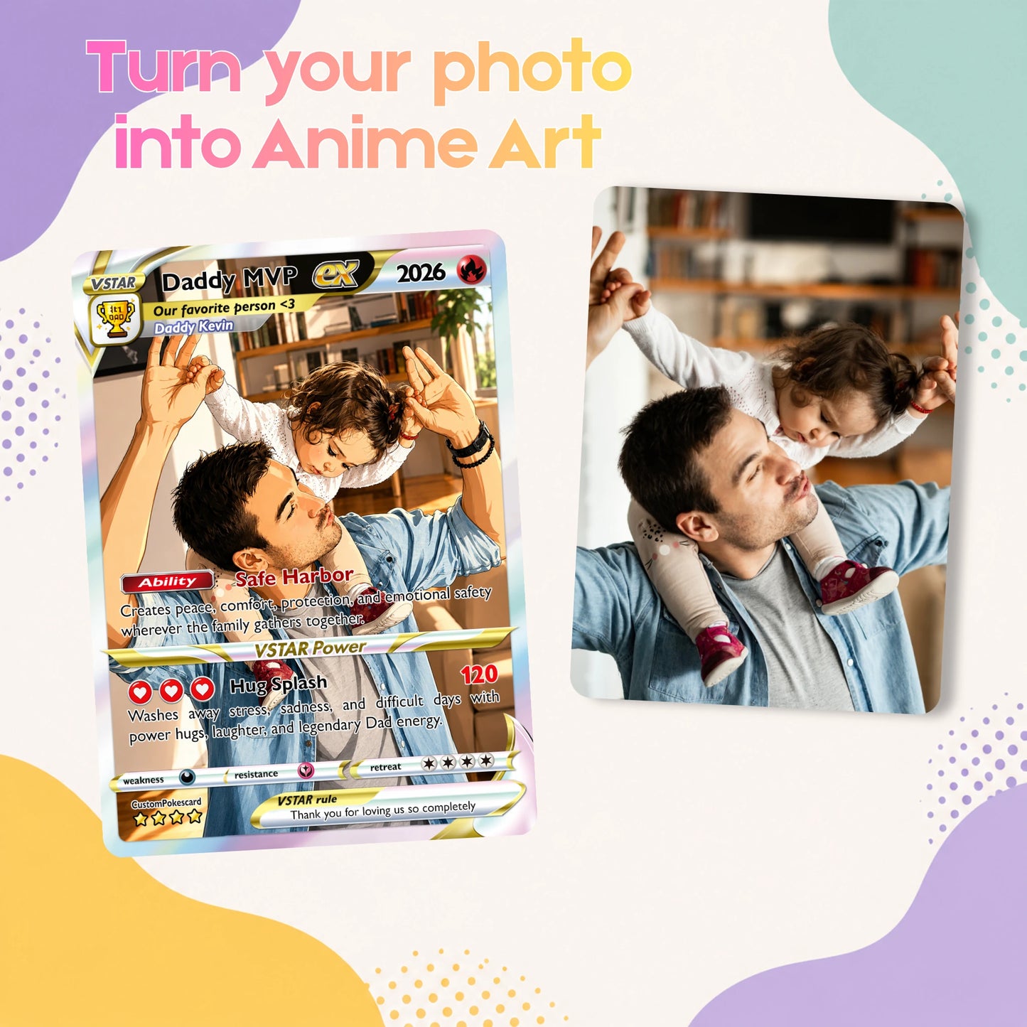 2026 Happy Father's Day Custom Pokémon Card - Comic Anime Style Personalized Pokémon Card for Dad - Perfect Gift for Dad - CPC 5