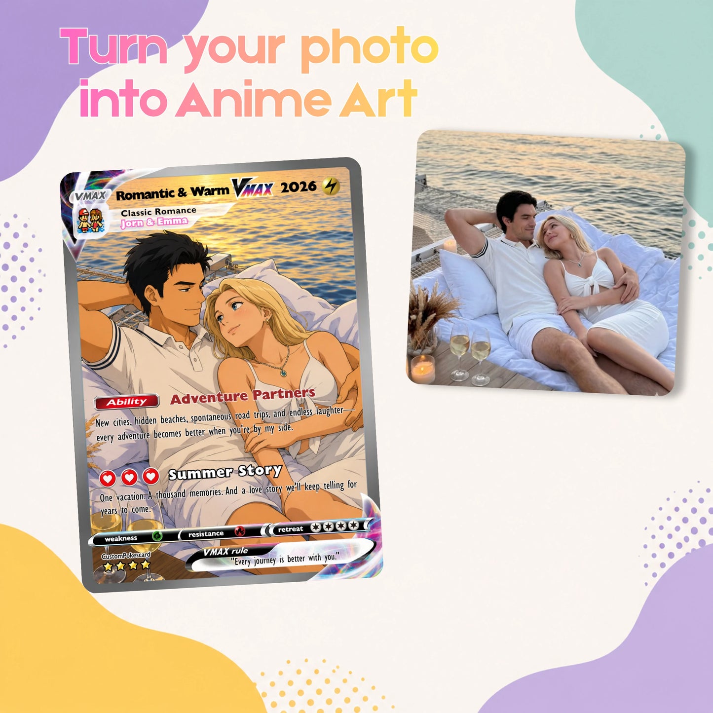 Custom Beach Couple Anime Card - Personalized Summer Vacation Gift, Custom Anime Photo Card, Valentine Gift, Gift for Him, Gift for Her, Custom Card for Couple - CPC 2.1