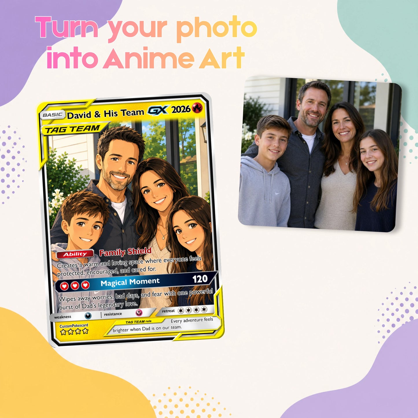2026 Happy Family Custom Pokémon Card - Comic Anime Style Personalized Pokémon Card for Family - Perfect Gift for Parents & Kids - CPC 7