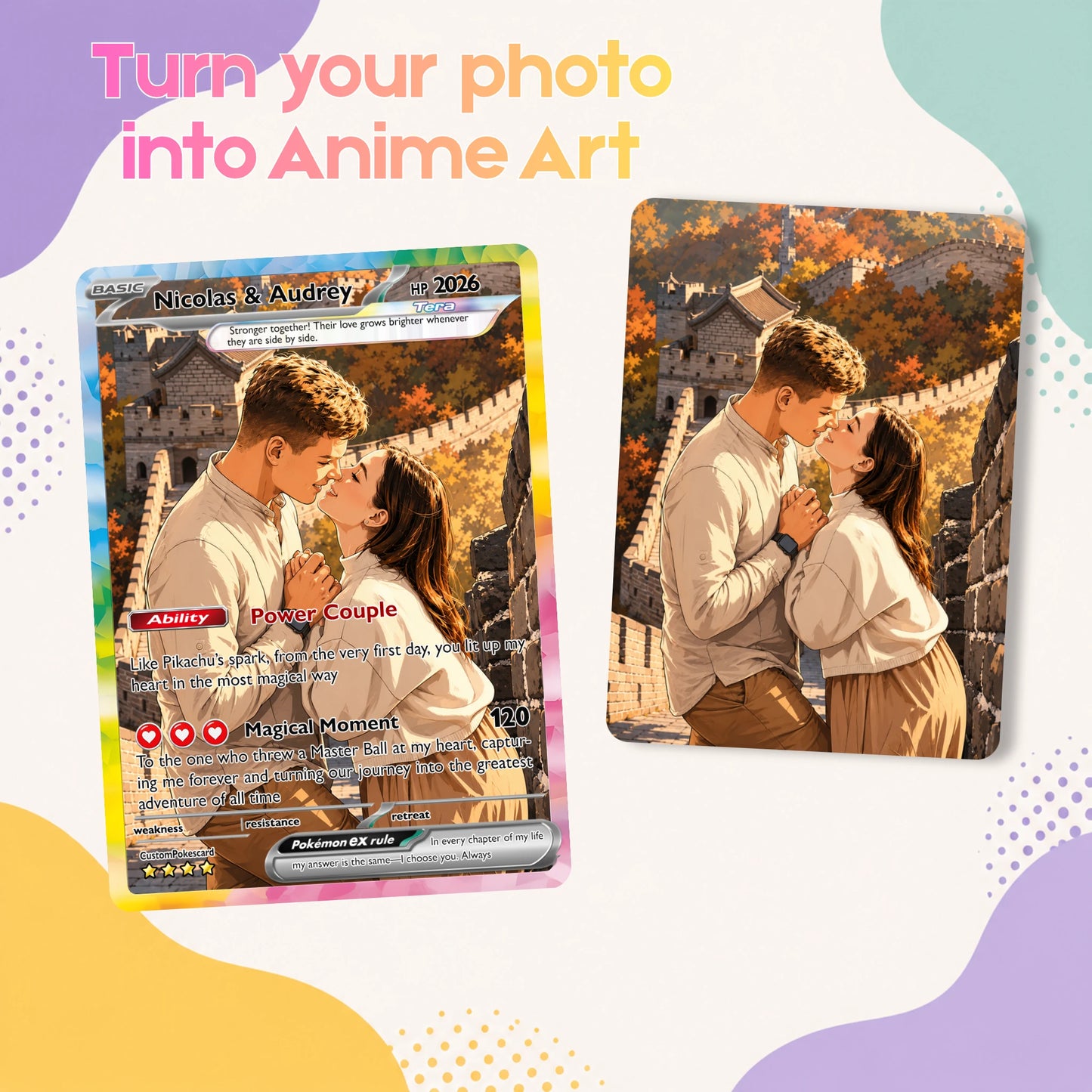 Custom Poke Card for Couple - Anime-Inspired Ghibli Aesthetic Pocket Monster Gift - Customizable Trading Cards - CPC 4