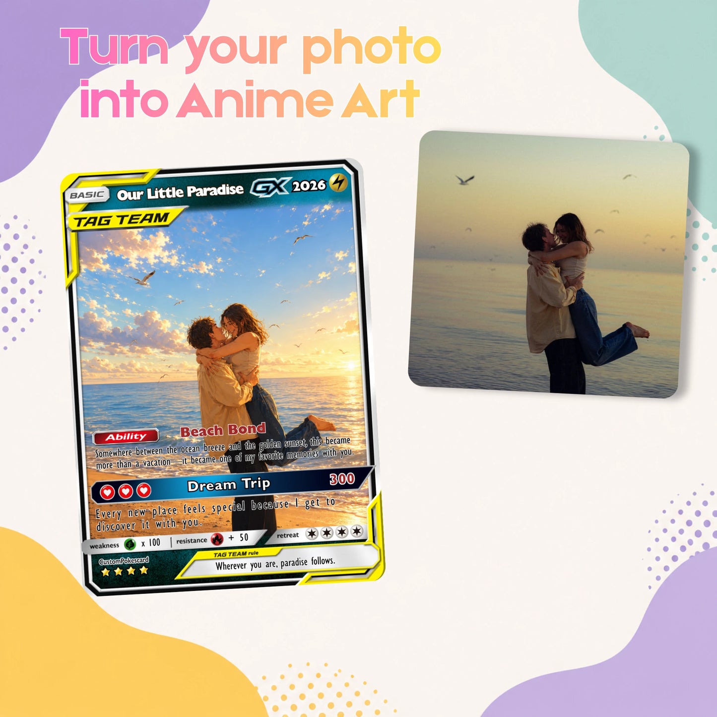 Custom Beach Couple Anime Card - Personalized Summer Vacation Gift, Custom Anime Photo Card, Valentine Gift, Gift for Him, Gift for Her, Custom Card for Couple - CPC 7.1