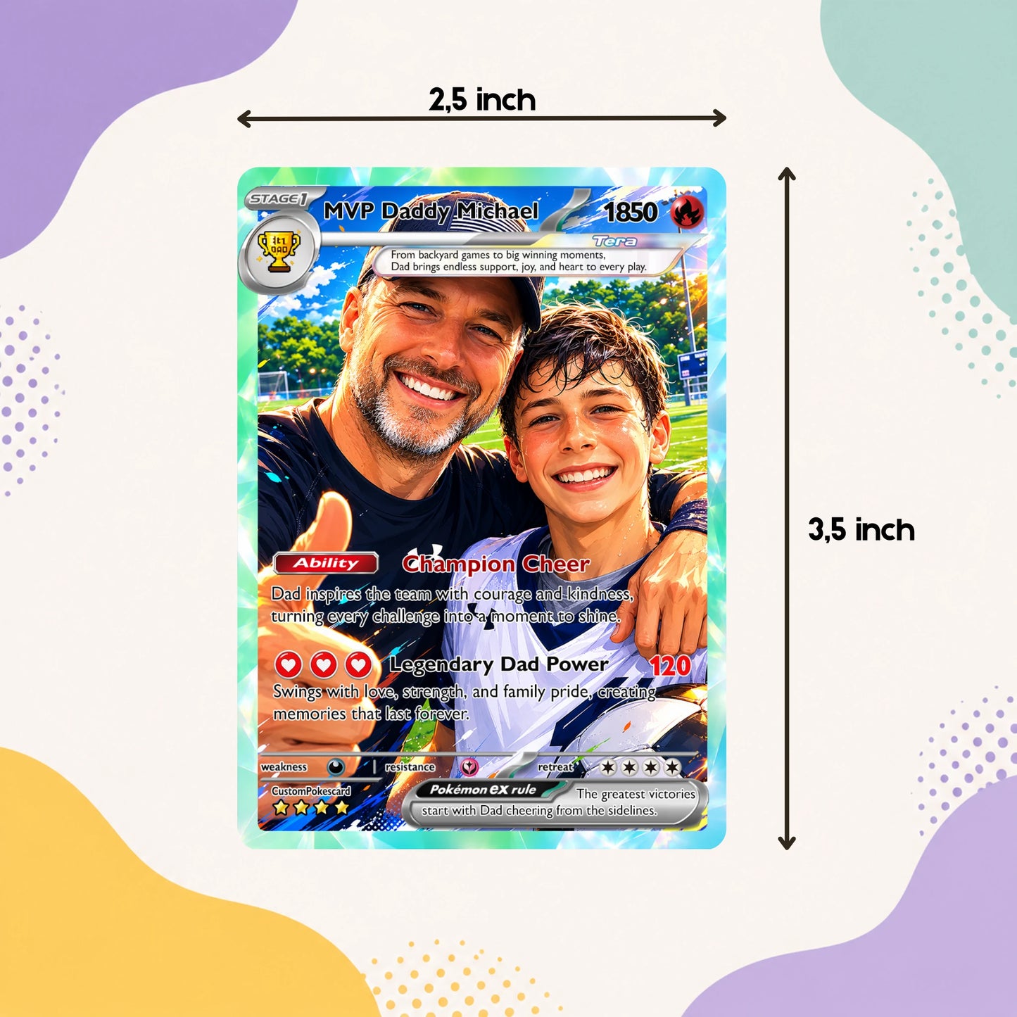 Dad Custom Pokémon Card for Father's Day - Father’s Day Personalized Pokémon Card for Sport Dad - Comic Anime Style Customizable Gift from Supporter, Wife, Son & Daughter, CPC 6
