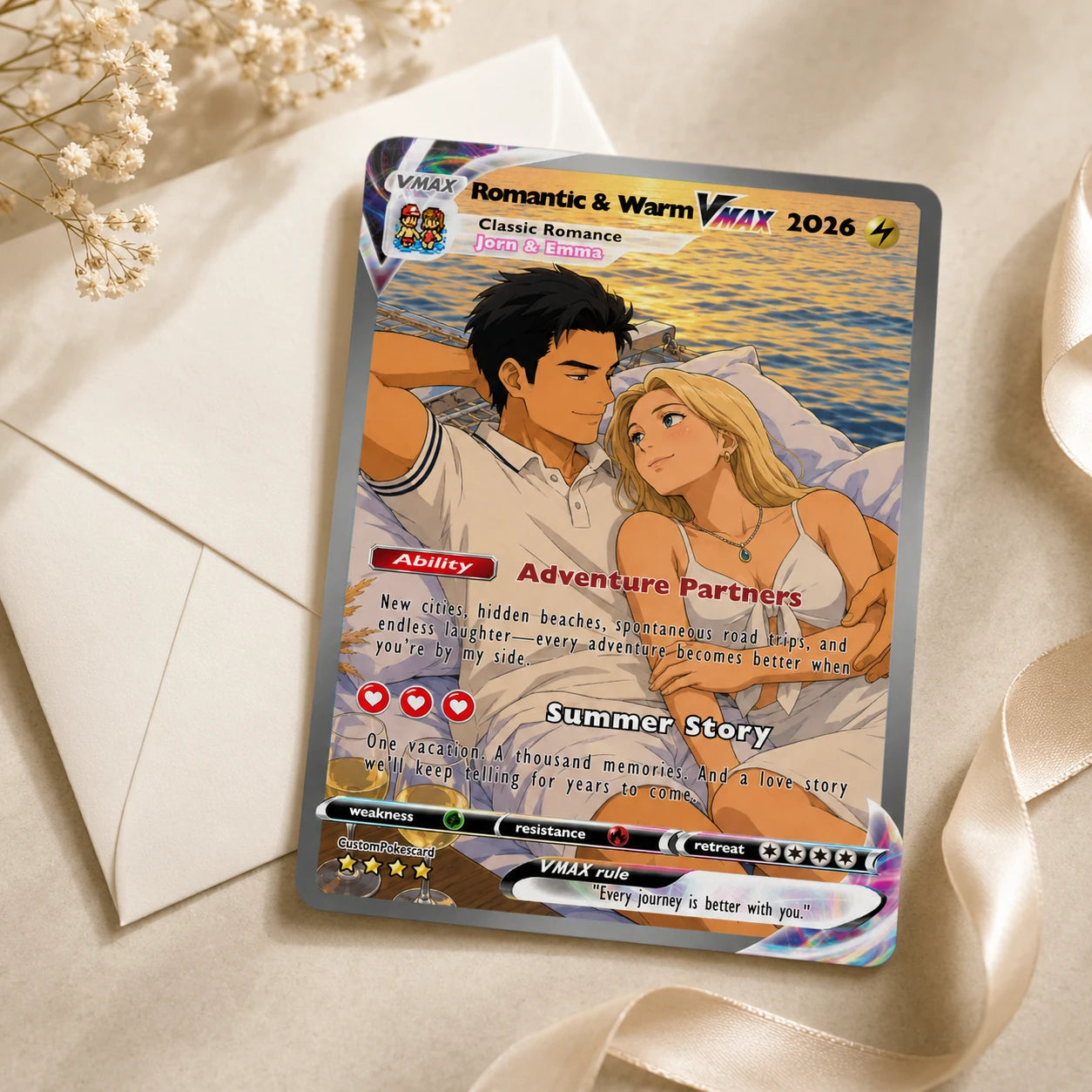 Custom Beach Couple Anime Card - Personalized Summer Vacation Gift, Custom Anime Photo Card, Valentine Gift, Gift for Him, Gift for Her, Custom Card for Couple - CPC 2.1